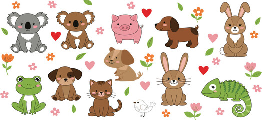 Obraz premium Cute Baby Animals Collection with Koala Pig Puppy Bunny Frog Cat Bird and Chameleon Cartoon Vector Illustration Set