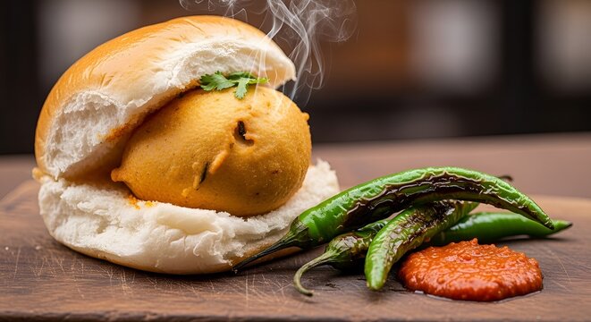 Delicious Vada Pav Mumbai Street Food Display on a Wooden Board