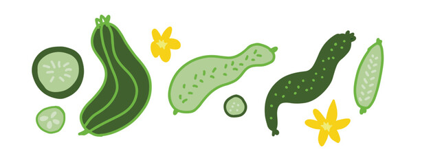 Minimal flat illustration of cucumbers and sliced vegetables with small floral accents. Clean modern vector design for healthy food projects, recipes, packaging, and kitchen-themed graphics.