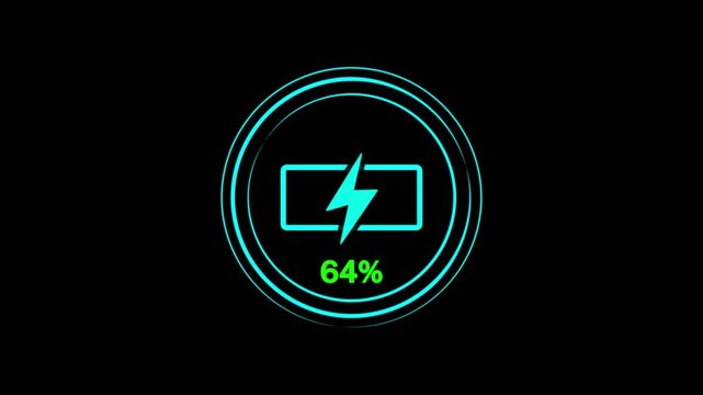 Battery icon at 71% charge with bright lightning bolt on sleek black circular background