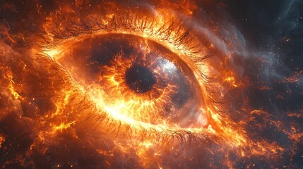 Fototapeta premium Futuristic Eye Surrounded by Fiery Cosmic Explosion in Bright Orange and Blue Colors