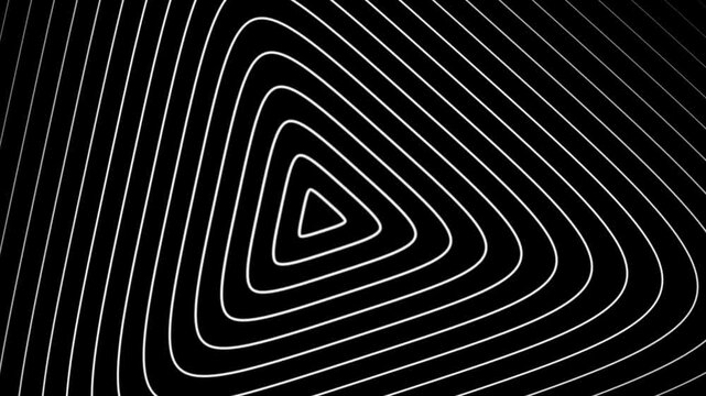 Abstract white glowing neon geometric lines tunnel background, seamless loop rounded triangle pattern