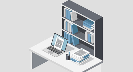 Isometric illustration of a modern workspace with laptop and bookshelves. © HARTI