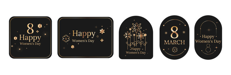 Black and gold Happy Womens Day and 8 March badges, emblems and stickers with elegant floral and minimalist design for branding, packaging, greeting cards, social media.Vector illustration © Ilonka eva