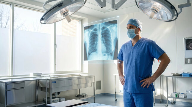 Surgeon in blue scrubs reviews chest X-ray on illuminated monitor in sterile operating room