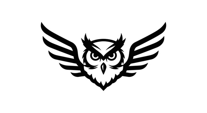 Stylized owl silhouette with wings outspread in black and white design