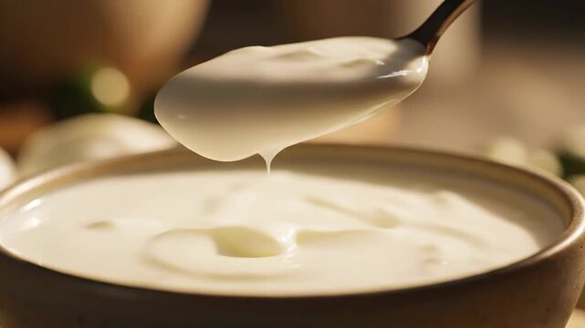 Creamy yogurt being scooped from a bowl with a spoon, close-up, healthy food preparation