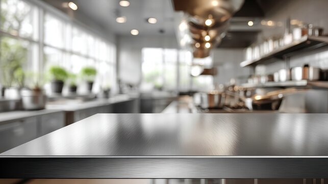 Empty stainless steel table top or countertop with blurred professional commercial kitchen background