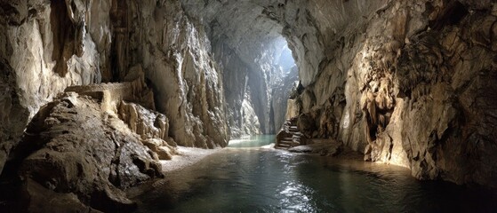 Natural Cave with Calm Water and Sunlight Filtering Through Entrance