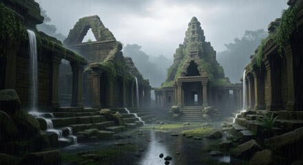 Fototapeta premium Ancient temple ruins in heavy jungle rainstorm with waterfalls