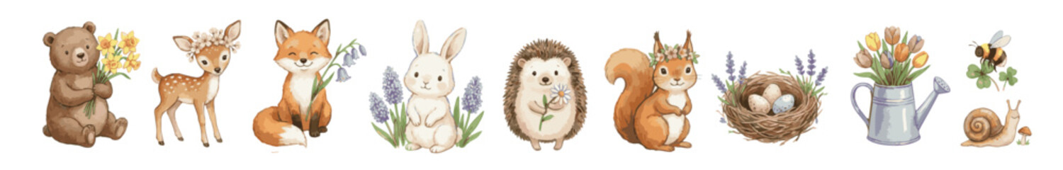 Watercolor woodland nursery clipart with baby animals, bear, deer, fox, rabbit, hedgehog, squirrel, floral elements, nest with eggs, bee, snail and garden can. Collection of Vector illustrations. © maria