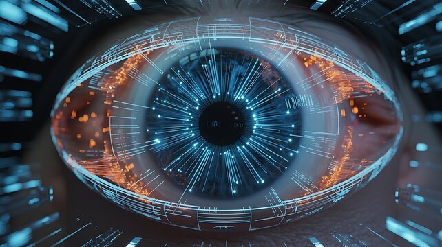 Extreme close up of human eye with futuristic digital overlay, intricate network of glowing blue and orange light circuits creating technological iris for cyber vision concept