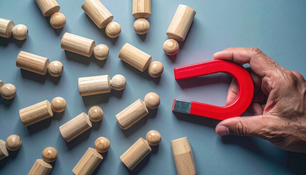 Hand holding red horseshoe magnet attracting wooden peg dolls on blue surface representing leadership and recruitment