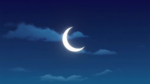 Radiant crescent moon glows softly amidst clouds, evoking spiritual calm for a blessed Ramadan evening