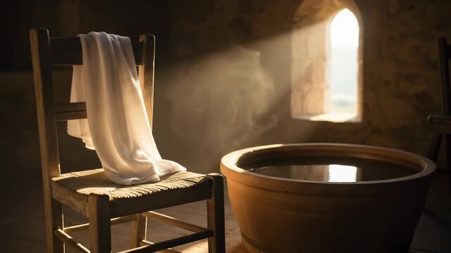 Maundy Thursday foot washing, ancient tradition, humble service, basin with water, clean towel, divine light, spiritual observance, holy week ritual