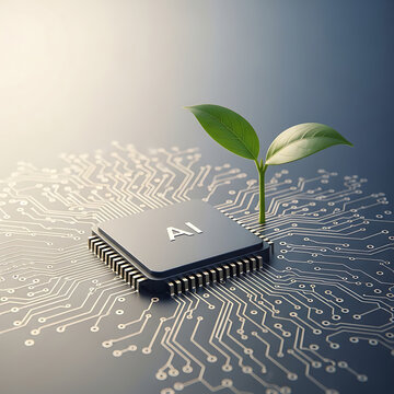 A young plant sprouts from a computer chip symbolizing artificial intelligence and growth