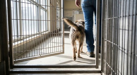 Dog walking out of kennel with person at animal shelter, hopeful and anticipating a new home
