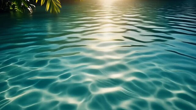 Serene Turquoise Waters with Ripples, Floating Leaves, and Soft Sunlight in a Peaceful Aquatic Scene from a Low Angle Viewpoint