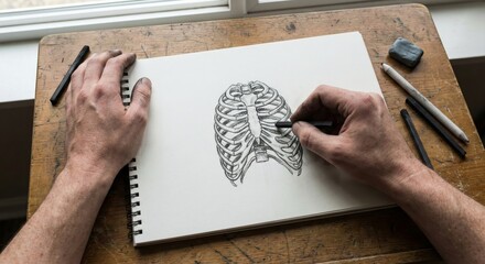 Artist drawing a rib cage in sketchbook with charcoal at wooden desk by window in natural light