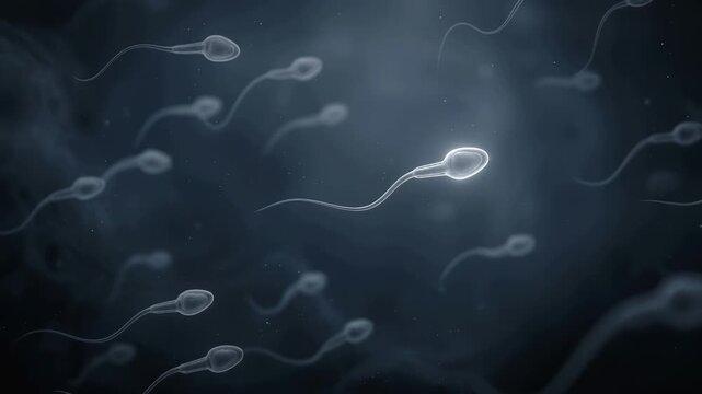 Microscopic view of sperm cells swimming inside the female reproductive tract. Concept of human fertilization, reproductive health, fertility, and medical science.