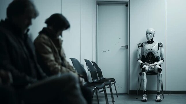 A humanoid robot sits alone in a waiting room. Three people, two men and a woman, sit nearby, appearing disinterested. The setting is modern and minimalistic.