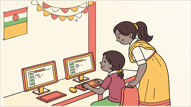 Vector cartoon flat of a computer lab in India with children learning programming on colorful computers, simple codes on the screen, a teacher helping, subtle Indian cultural decoration, vibrant color