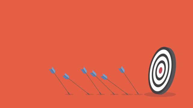 Business challenge failure and success concept. Blue arrows missed hitting target and only red one hits the center. 4K video animation