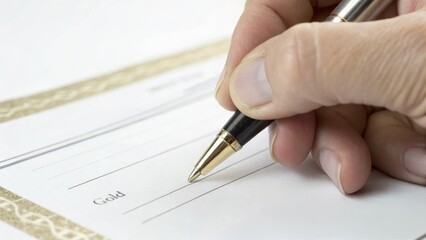 A hand holding a pen is poised to write on a check with the word "Gold" printed on it.