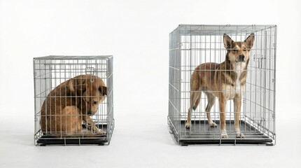 Two dogs in crates, one small and cramped, the other spacious, depicting animal welfare and shelter conditions