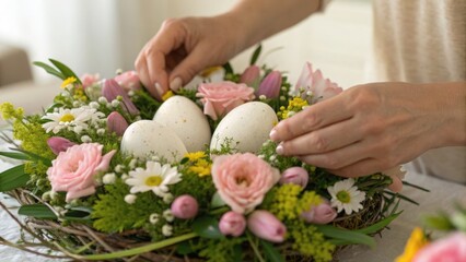 A person arranging a decorative Easter wreath with pastel flowers, greenery, and speckled eggs on a cozy indoor table setting.