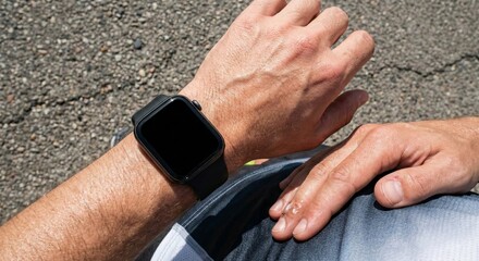 Man wearing a smartwatch on his wrist outdoors on a sunny day, checking fitness and health data