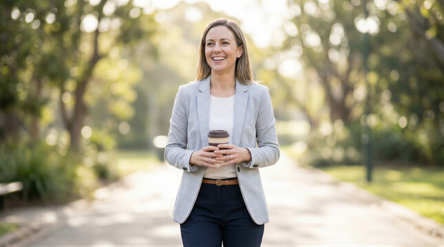 Woman in light grey blazer holding coffee cup walking in park with blurred trees and path, bright daylight, smiling, business casual, outdoor setting