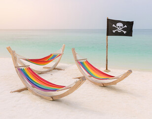 Two LGBT pride rainbow hammocks on tropical beach with pirate flag, freedom and diversity concept
