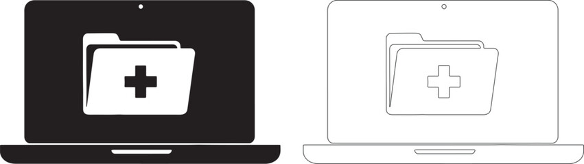 Obraz premium Black and white laptop with medical folder computer