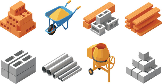 Construction materials isometric vector set with bricks, concrete blocks, lumber, pipes, wheelbarrow and cement mixer