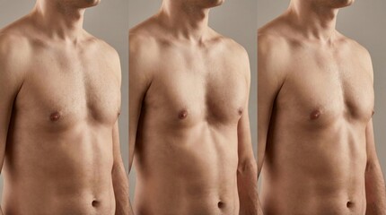 Man showing different stages of gynecomastia, a condition causing enlarged breasts in males, studio shot