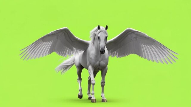 White Pegasus Horse Flying Animation Green Background.