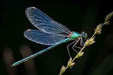 Jewel-toned Dragonfly Perched: A macro shot captures the iridescent beauty of a jewel-toned dragonfly perched delicately on a slender stem. The dragonfly's wings shimmer.