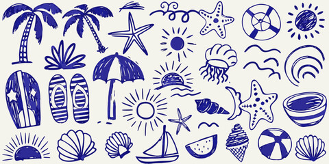 Blue doodle illustration featuring various summer and beach themed elements © Ramanath