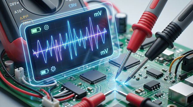 Electronic circuit multimeter probes microchip waveform measurement technology close up digital display electrical testing green circuit board electronic components precision diagnostic tool