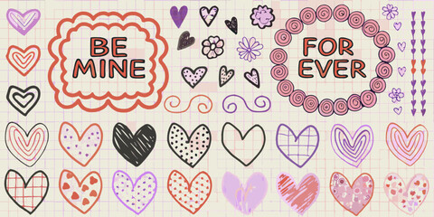 Colorful hand drawn hearts and romantic phrases on lined paper