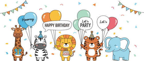 Cute safari animals birthday cartoon vector with giraffe, zebra, lion, tiger, elephant and party balloons © MDRIFAT
