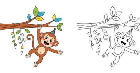 Naklejka premium Cute cartoon monkey hanging on a tree branch wearing a party hat, colored and black and white coloring page vector illustration
