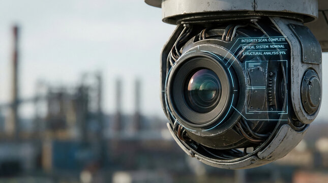 Security camera surveillance industrial technology lens monitoring close up metal futuristic inspection digital mechanical sensor equipment safety control urban background focus protection
