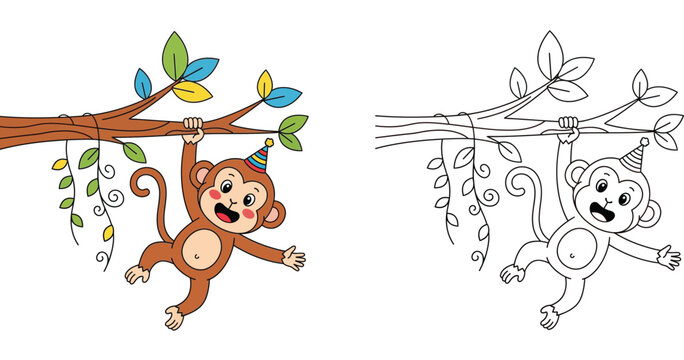 Cute cartoon monkey hanging on a tree branch wearing a party hat, colored and black and white coloring page vector illustration