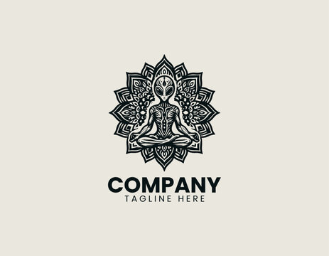 Meditating alien figure inside ornate mandala pattern is presented as bold monochrome vector logo on clean white background for spiritual and sci fi branding