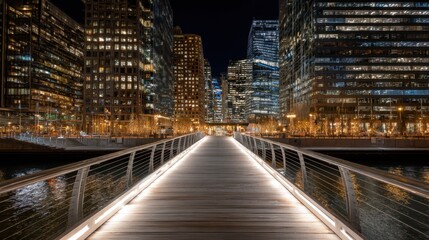 Obraz premium Illuminated Cityscape with Modern Architecture and Pathway at Night Featuring Skyscrapers and Reflections on Water