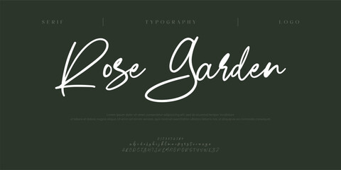 Rose Garden, Luxury script alphabet letters font with tails. Typography elegant classic lettering serif fonts and number decorative vintage retro concept for logo branding. vector illustration  © Empire
