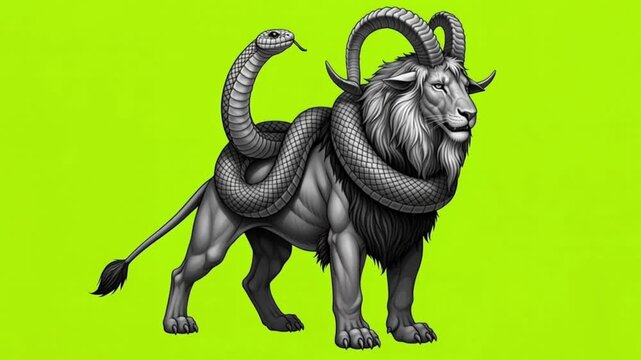 Chimera Mythological Creature Illustration on Green Background.
