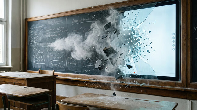 Classroom chalkboard shattering into digital screen, symbolizing education technology disruption, digital transformation learning, innovation schools, online education, and future smart classrooms.
